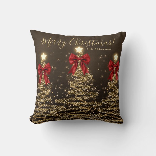 Festive Holiday Gold Christmas Trees Red w/ Name Cushion (Front)