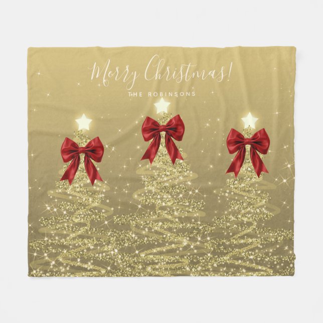 Festive Holiday Gold Christmas Trees w/ Red Bows Fleece Blanket (Front (Horizontal))
