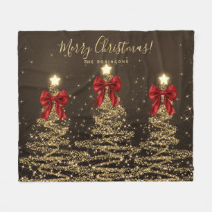 Festive Holiday Gold Christmas Trees w/ Red Bows Fleece Blanket