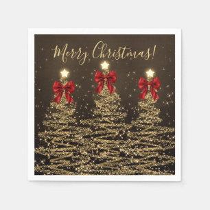 Festive Holiday Gold Christmas Trees w/ Red Bows Napkin