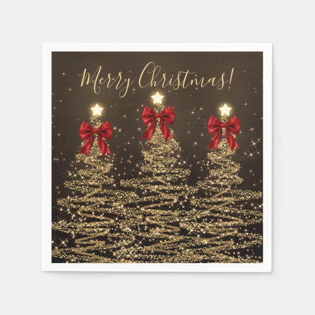 Festive Holiday Gold Christmas Trees w/ Red Bows Napkin (Front)