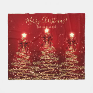 Festive Holiday Gold Red Christmas Trees w/ Bows Fleece Blanket