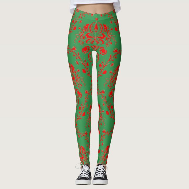 Festive Holiday Green and Red Damask Leggings (Front)