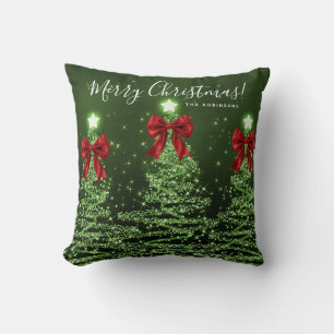 Festive Holiday Green Christmas Trees Name Red Cushion
