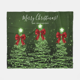 Festive Holiday Green Christmas Trees Red Bows Fleece Blanket