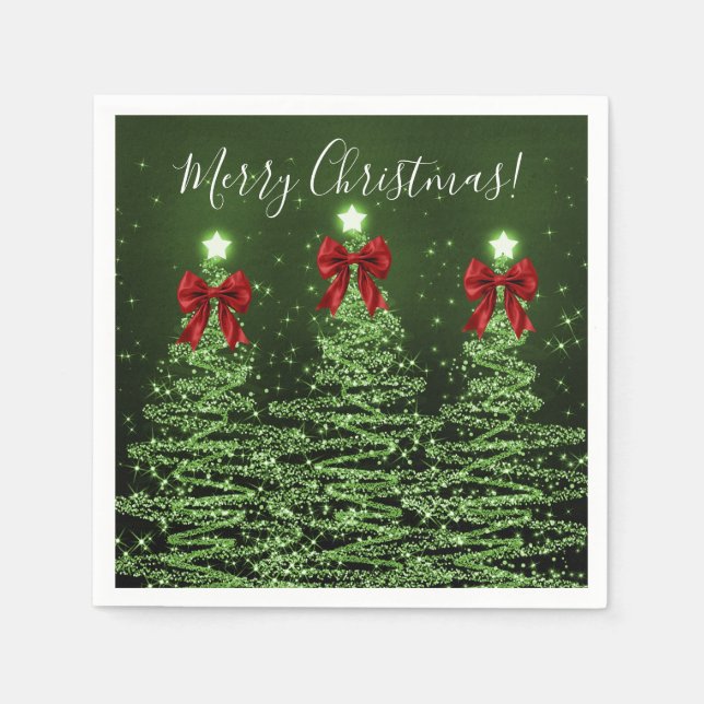 Festive Holiday Green Christmas Trees Red Bows Napkin (Front)
