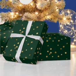 Festive Holiday Green & Glittery Gold Stars Wrapping Paper