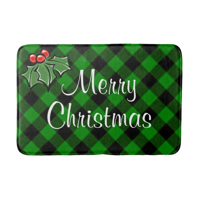 Festive holiday green Plaid Holly berries leaves.  Bath Mat (Front)