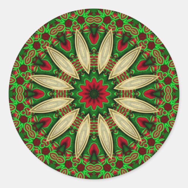 Festive Holiday Green Red Gold Geometric Mandala Classic Round Sticker (Front)