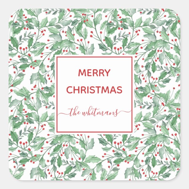 Festive Holiday Greenery Personalised Christmas Square Sticker (Front)