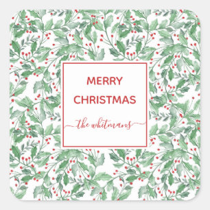 Festive Holiday Greenery Personalised Christmas Square Sticker