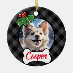 Festive holiday grey Plaid Holly berries leaves Ceramic Tree Decoration