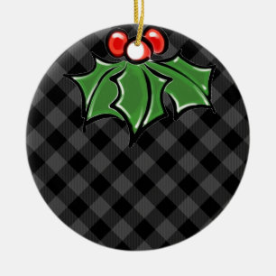Festive holiday grey Plaid Holly berries leaves Ceramic Tree Decoration