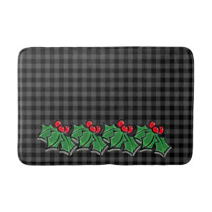 Festive Holiday Grey Plaid with Holly Sprigs Bath Mat