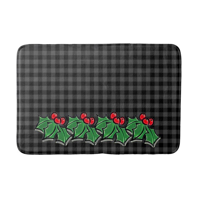 Festive Holiday Grey Plaid with Holly Sprigs Bath Mat (Front)