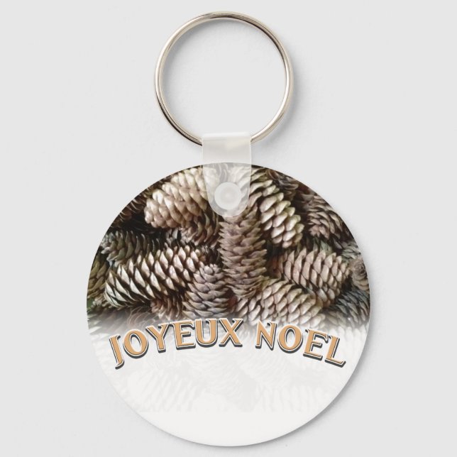 Festive Holiday Joyeux Noel Pine Cone Key Ring (Front)
