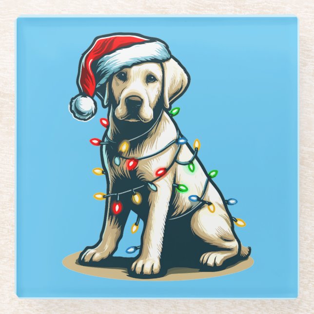 Festive Holiday Labrador Dog with Christmas Light Glass Coaster (Front)
