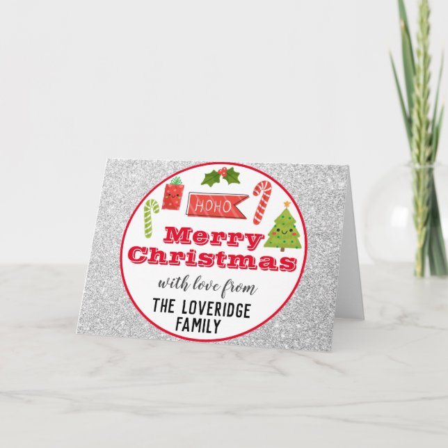 Festive Holiday Merry Christmas Red Silver Glitter Card (Front)