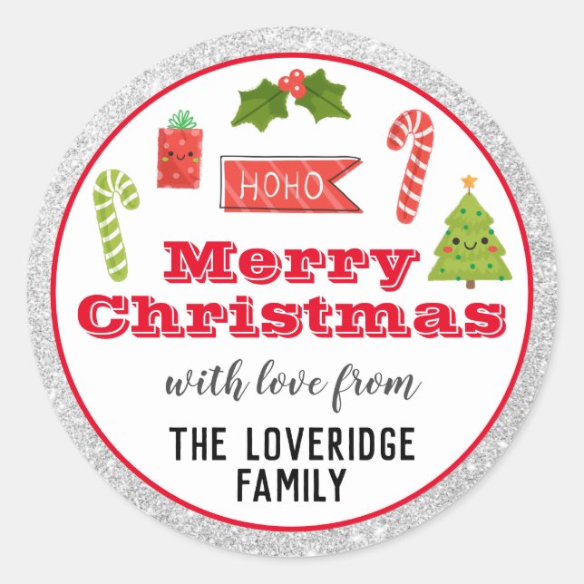 Festive Holiday Merry Christmas Red Silver Glitter Classic Round Sticker (Front)