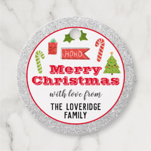 Festive Holiday Merry Christmas Red Silver Glitter Favour Tags