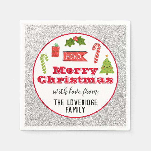 Festive Holiday Merry Christmas Red Silver Glitter Napkin (Front)