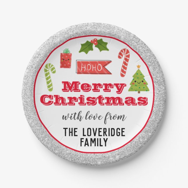 Festive Holiday Merry Christmas Red Silver Glitter Paper Plate (Front)
