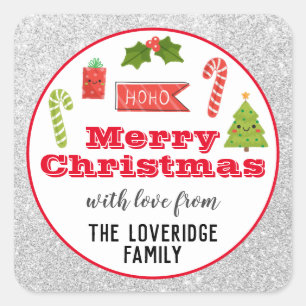 Festive Holiday Merry Christmas Red Silver Glitter Square Sticker