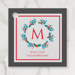 Festive Holiday Monogram Floral Wreath Blue Red Favour Tags