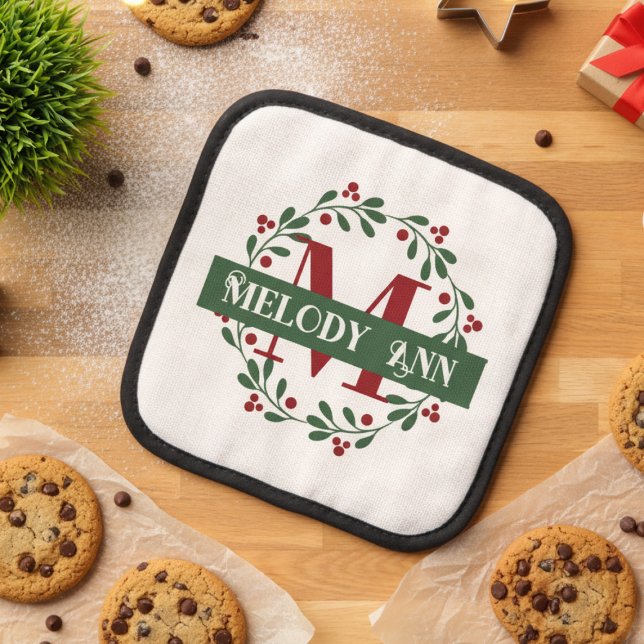 Festive Holiday Monogram Pot Holder (Personalized Monogram Christmas Holiday oven mitt)