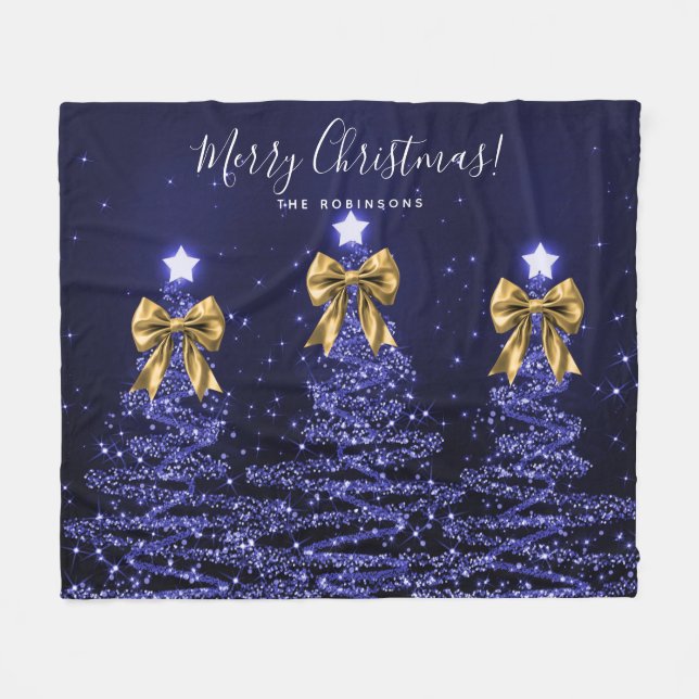 Festive Holiday Navy Christmas Trees Bows Gold  Fleece Blanket (Front (Horizontal))