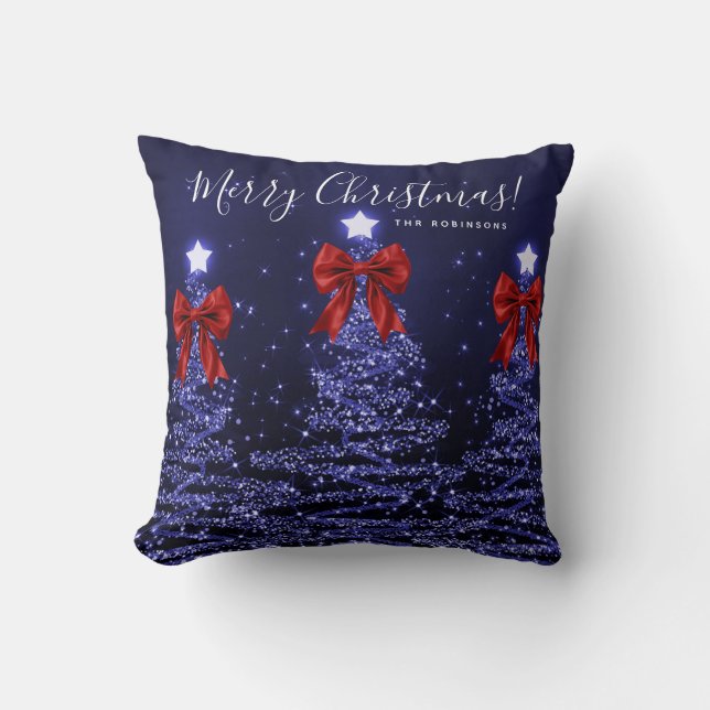 Festive Holiday Navy Christmas Trees Name Red  Cushion (Front)