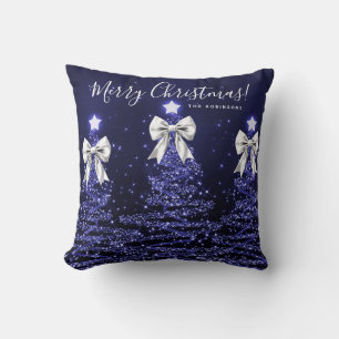 Festive Holiday Navy Christmas Trees Name Silver Cushion