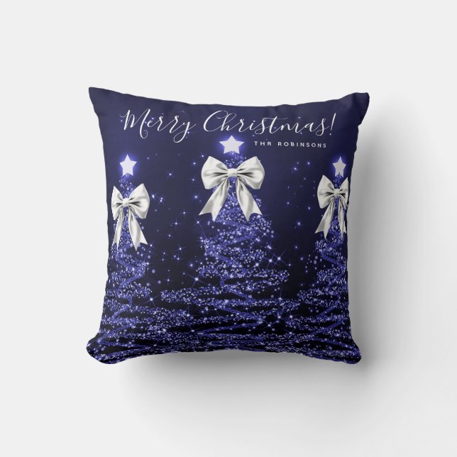 Festive Holiday Navy Christmas Trees Name Silver Cushion (Front)