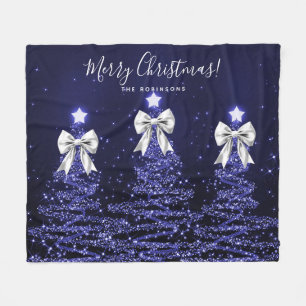 Festive Holiday Navy Christmas Trees Silver Bows Fleece Blanket