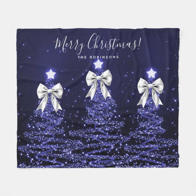 Festive Holiday Navy Christmas Trees Silver Bows Fleece Blanket (Front (Horizontal))