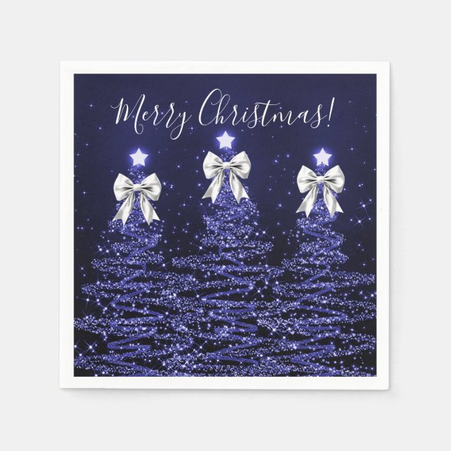 Festive Holiday Navy Christmas Trees Silver Bows Napkin (Front)