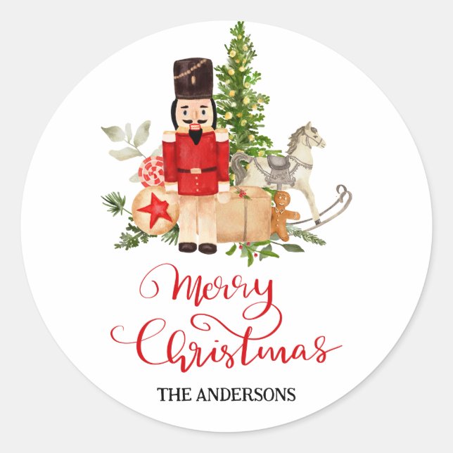 Festive Holiday Nutcracker Merry Christmas Script  Classic Round Sticker (Front)