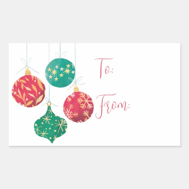 Festive Holiday Ornaments Red & Green To From Gift Rectangular Sticker (Front)