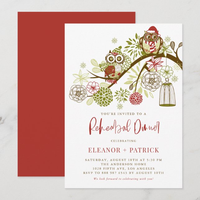 Festive Holiday Owls Floral Rehearsal Dinner Invitation (Front/Back)