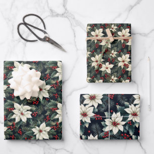 Festive Holiday Pattern – White Poinsettias Wrapping Paper Sheet