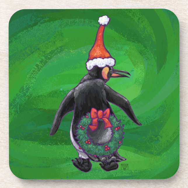 Festive Holiday Penguin on Green Coaster (Front)