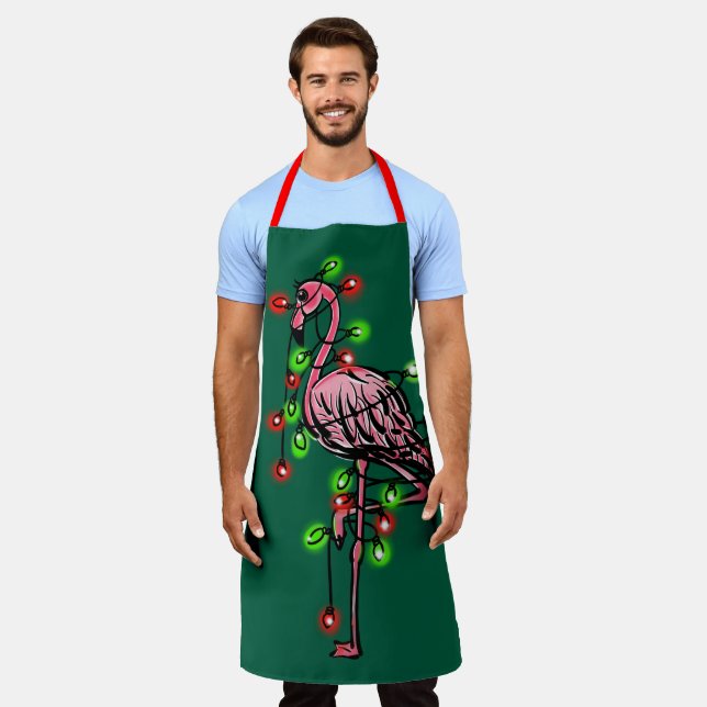 Festive  holiday pink flamingo, red green twinkle  apron (Worn)