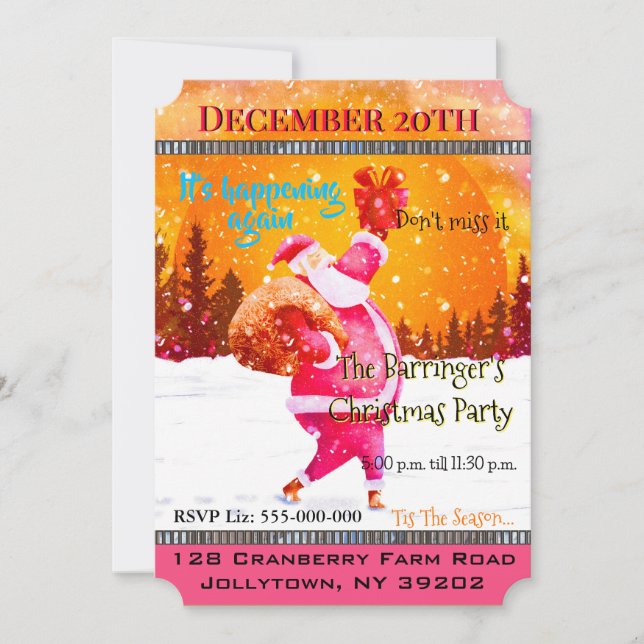 Festive Holiday Pink Santa Claus Christmas Party Invitation (Front)