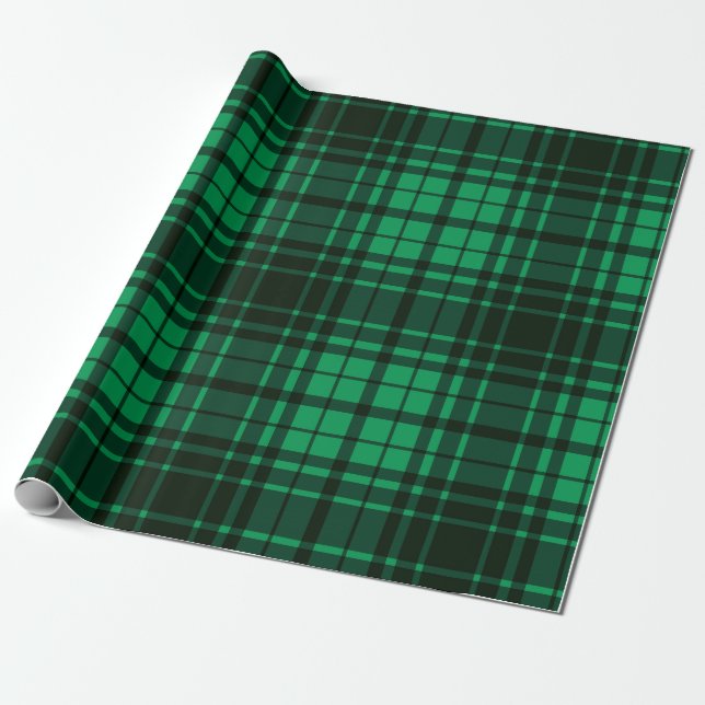 Festive Holiday Plaid Green and Black Tartan Wrapping Paper (Unrolled)