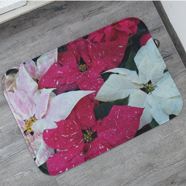 Festive Holiday Poinsettia Plants Floral Bath Mat (In Situ)