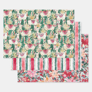 FESTIVE HOLIDAY Poinsettia Stripe Red Green Wrapping Paper Sheet