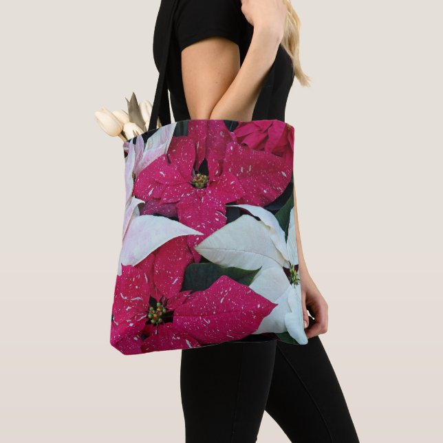 Festive Holiday Poinsettias Floral Tote Bag (Close Up)