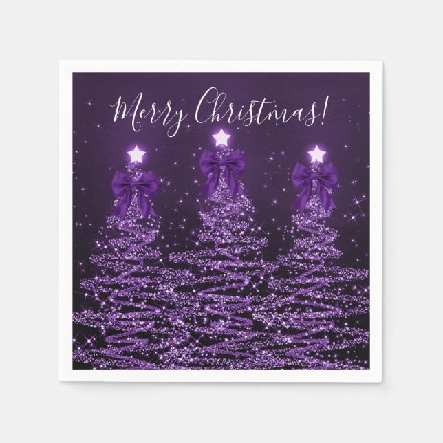 Festive Holiday Purple Christmas Trees Bows Napkin (Front)
