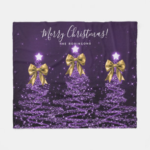 Festive Holiday Purple Christmas Trees Gold Bows Fleece Blanket