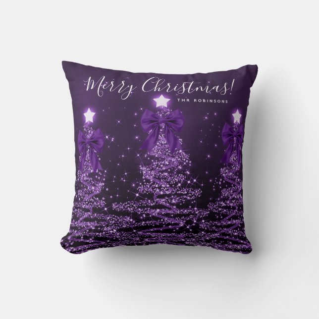 Festive Holiday Purple Christmas Trees Name  Cushion (Front)